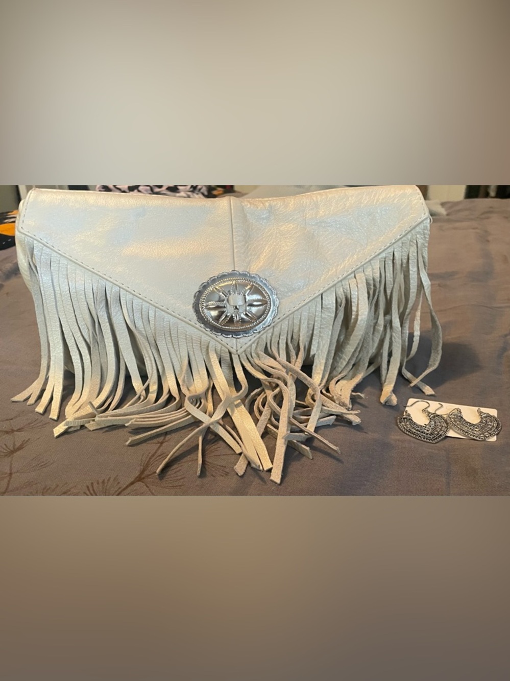 Vintage White Leather Fringed Clutch w/ Concho Accent - Earrings included!!!